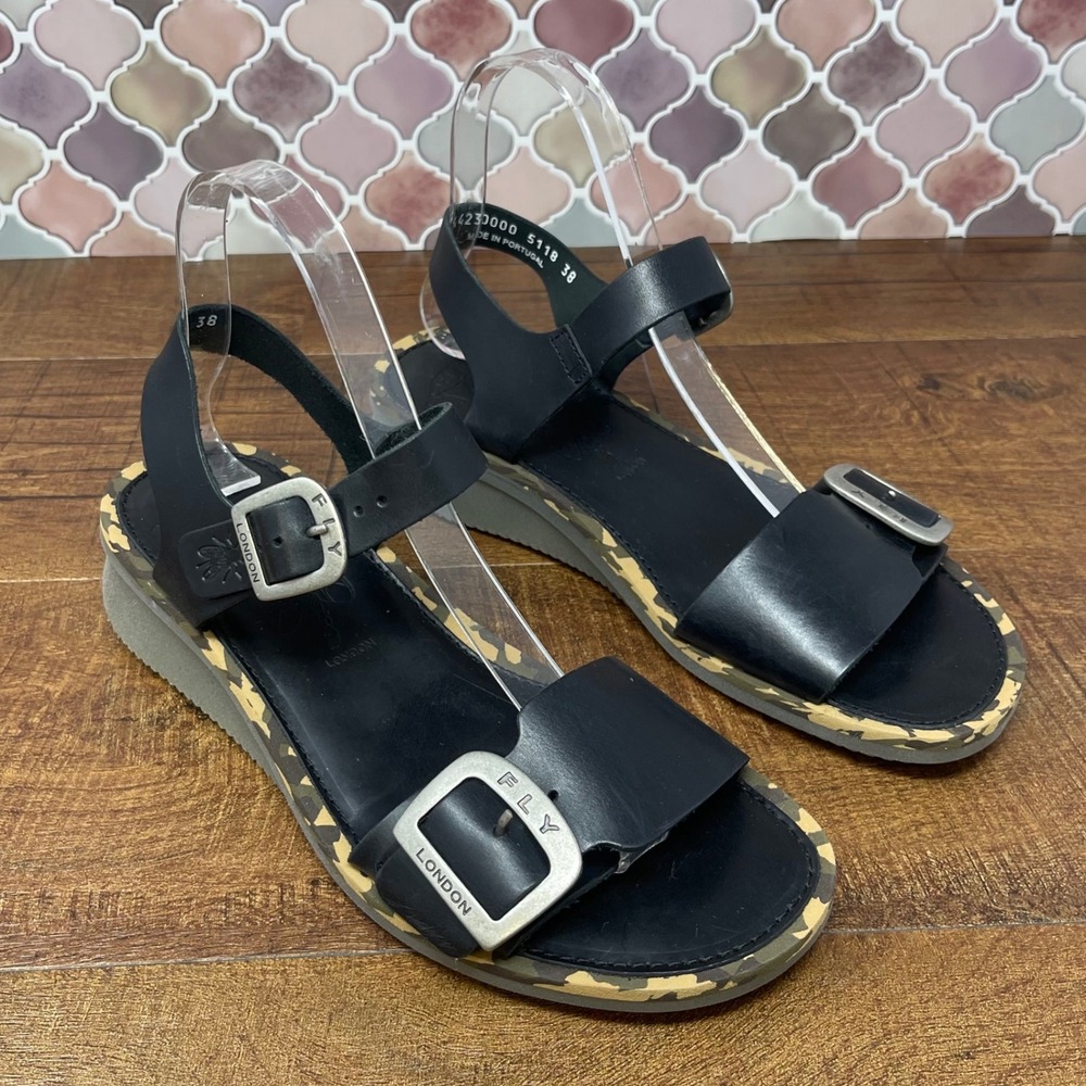 Fly London - "Comb230" Double Buckle‎ Strap Sandal - Black - EU 38/US 7.5-8